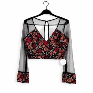 LUXXEL Embroidered Mesh Crop Top Sheer Sleeve Bustier Festival NWT M/L Summer